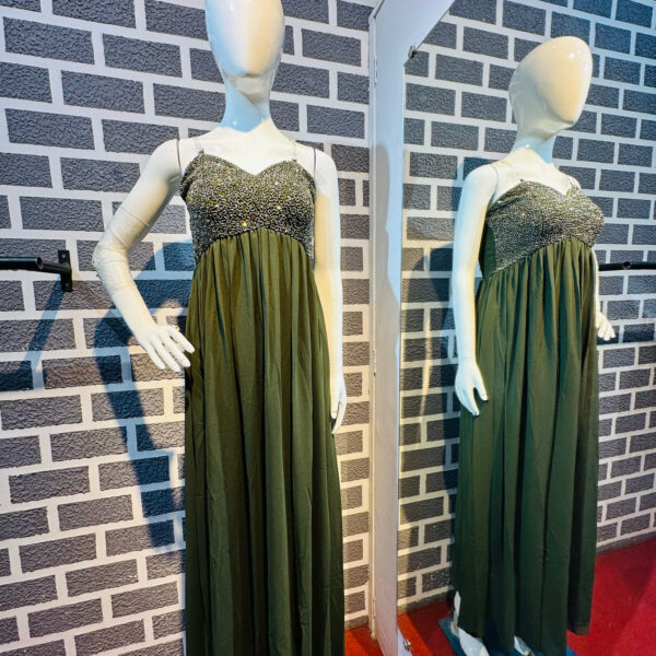 Party wear Spaghetti Style olive green gown