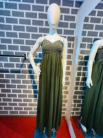 Party wear Spaghetti Style olive green gown