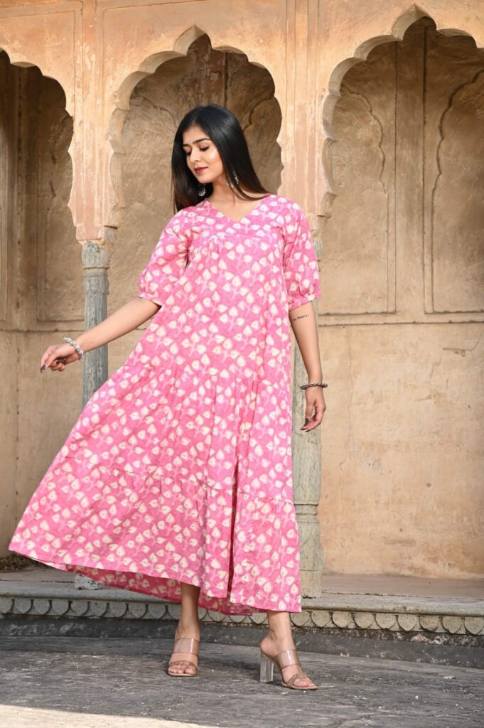 Rajasthani Hand Block Print One Piece Long Frilled Dress